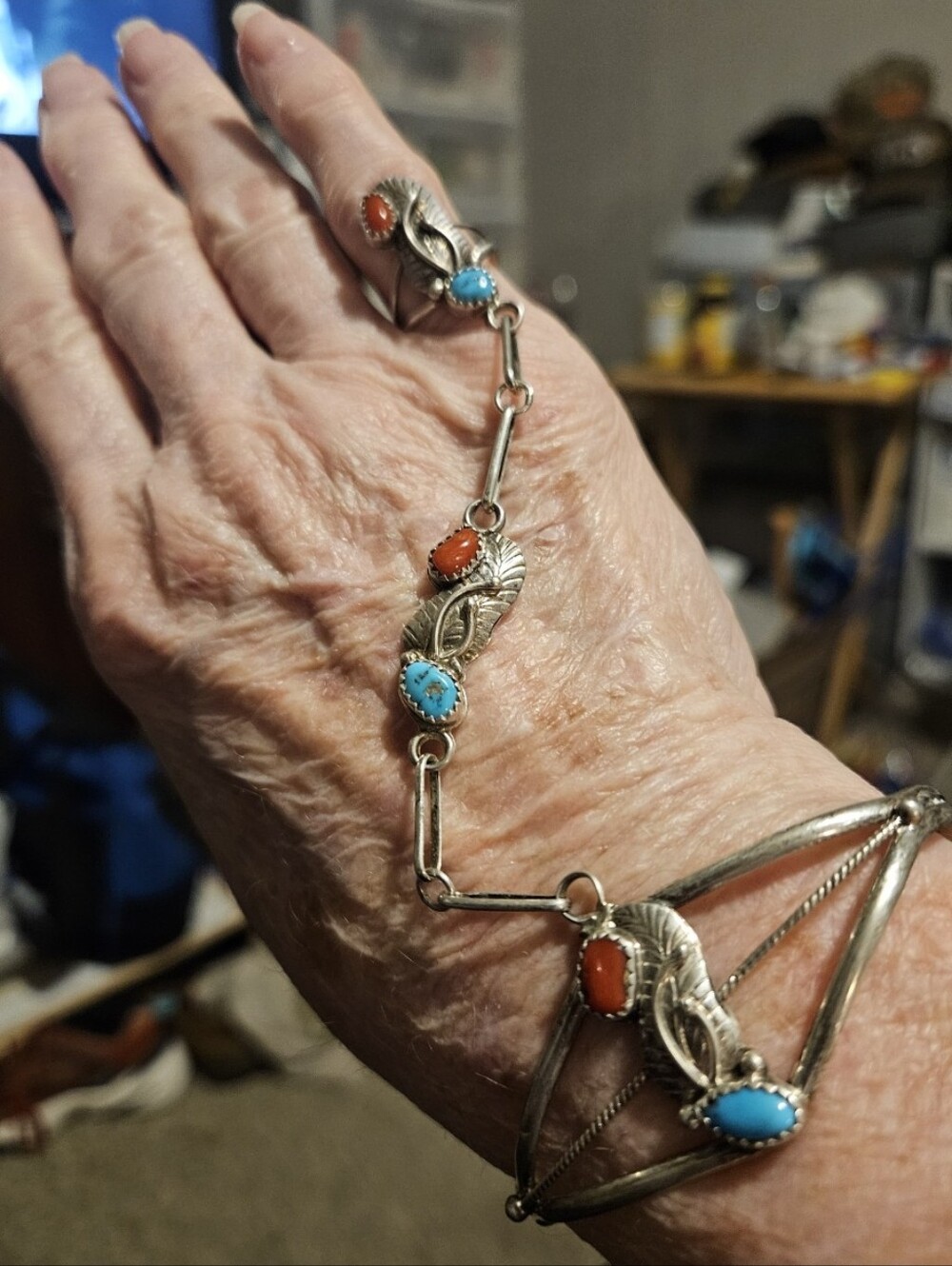 Vintage Navajo Sterling Silver Bracelet with Turquoise & Coral